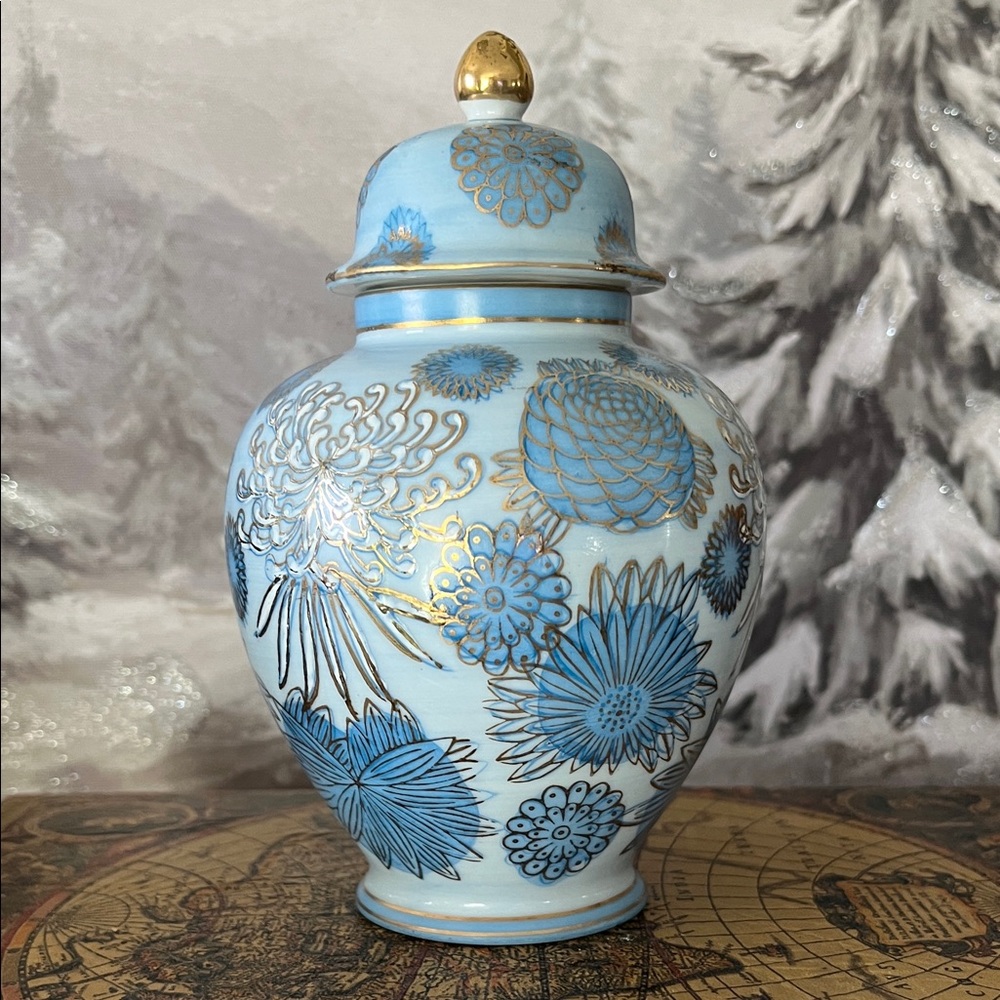 Andrea by Sadek Blue Gold Floral Ginger Jar with Lid Vintage Porcelain Decor